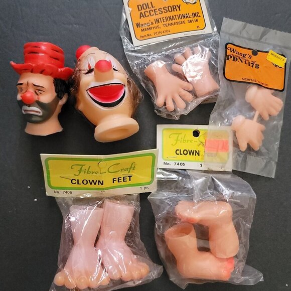 Vintage Halloween Plastic Clown Heads Faces Doll Face Hand Feet HOBO - Picture 1 of 12